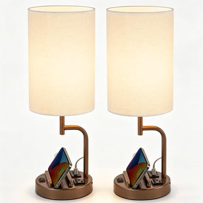 Dreamholder 2 Pack Table Lamp, Bedside Lamp with 3 USB Charging Ports & AC Outlet, USB Desk Lamp with 2 Phone Holders, Linen Fabric Shade Nightstand Lamps for Bedroom Living Room Office, Coffee Brown - color: Coffee Brown