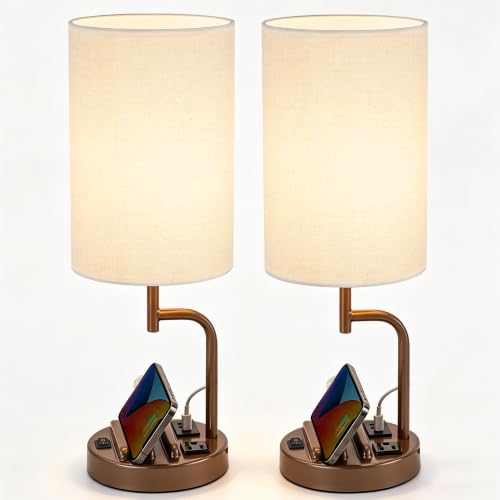 Dreamholder 2 Pack Table Lamp, Bedside Lamp with 3 USB Charging Ports & AC Outlet, USB Desk Lamp with 2 Phone Holders, Linen Fabric Shade Nightstand Lamps for Bedroom Living Room Office, Coffee Brown - color: Coffee Brown