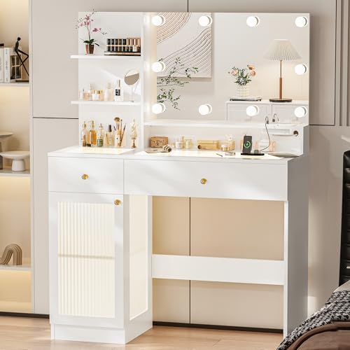 40" Vanity Desk with Large Mirror and Lights, Modern Glass Top Makeup Vanity Set with Power Outlet, Drawers and Cabinet, 3 Lighting Color Adjustable Dressing Table for Bedroom,White - style: Vanity with Power Outlet