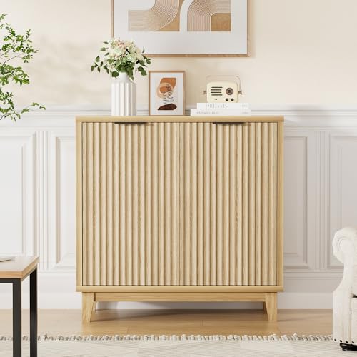 Fluted Cabinet with Storage, Mid Century Modern 2 Doors Sideboard Buffet | Accent Cabinet with Adjustable Shelves, Multifunctional Console Table with Storage for Living Room, Kitchen, Entryway,Natural - color: Natural, size: 2 Doors - 15.7"D x 31.5"W x 31