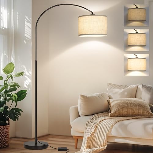Dimmable Floor Lamp, Arc Floor Lamp with Dimmer, Black Standing Lamp with Adjustable Hanging Shade, Over Couch Tall Reading Light, Modern Pole Lamp for Living Room Bedroom, 9W LED Bulb Included - color: Black