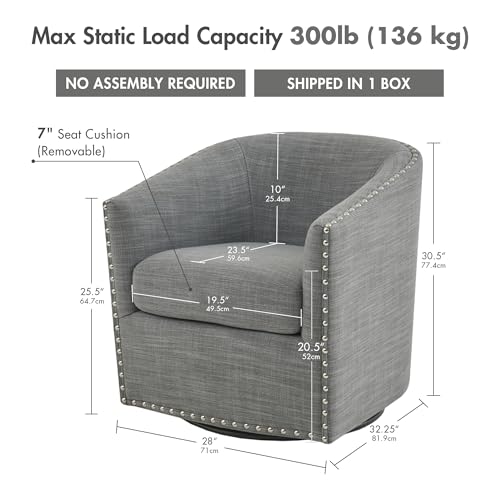 Madison Park Swivel Barrel Accent Chair, Upholstered Curved Back with 7-Inch Thick Woven Cushion, 360° Swivel, Nailhead Trim, Comfy Chair for Living Room, Bedroom, Office, 28" Wide, Grey, Tyler - color: Grey