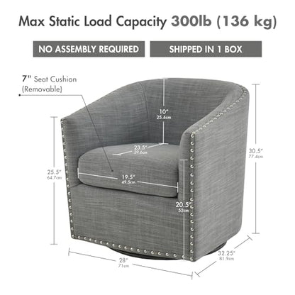 Madison Park Swivel Barrel Accent Chair, Upholstered Curved Back with 7-Inch Thick Woven Cushion, 360° Swivel, Nailhead Trim, Comfy Chair for Living Room, Bedroom, Office, 28" Wide, Grey, Tyler - color: Grey