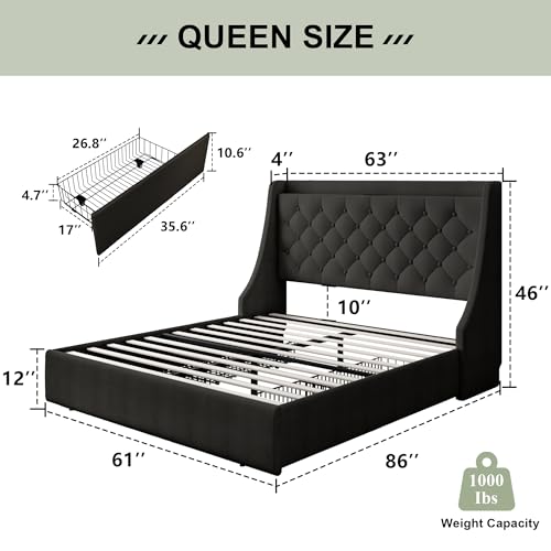 Feonase Upholstered Queen Size Bed Frame with 4 Storage Drawers, Storage Bed with Charging Station, Large Wingback Headboard, No Box Spring Needed, Black - color: Black, size: Queen