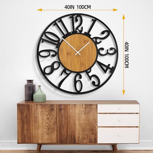 40" Extra Large Wall Clock, Silent Rustic Metal Wood Face Decorative Clock, Battery Operated Farmhouse Modern Oversized Wall Clocks for Living Room, Bedroom, Kitchen, Office, Home Decor - color: Light Brown - Arabic Numbers, size: 40inch (100cm)