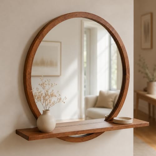 24" Round Wall Mirror with Shelf, Solid Wood Frame