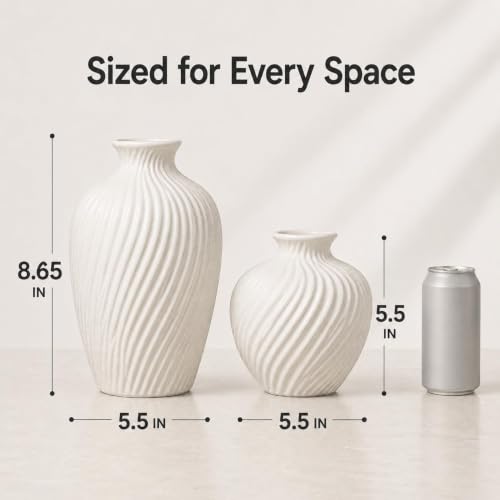 White Ceramic Vase Set of 2|Flower Vase for Home Decor with Rustic Textured
