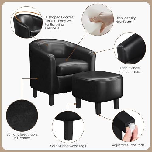 Yaheetech Accent Chairs with Ottoman, Faux Leather Set of 2, Black | Water-resistant Faux Leather Chairs with High-density Foam and Solid Wood Legs for Living Room, Waiting Room, Small Space - color: Black(faux Leather), style: with Ottoman