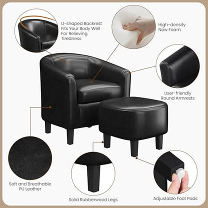 Yaheetech Accent Chairs with Ottoman, Faux Leather Set of 2, Black | Water-resistant Faux Leather Chairs with High-density Foam and Solid Wood Legs for Living Room, Waiting Room, Small Space - color: Black(faux Leather), style: with Ottoman