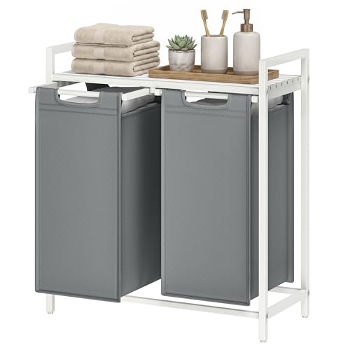 SONGMICS HOME Laundry Basket Sorter with Storage Shelf, Laundry Hamper with Metal Frame, 2 x 12.1 Gallons (46 L), Gray and White - color: Gray + White, size: 2 Bags-92L