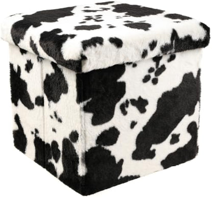 Luxe Faux Fur Storage Ottoman, Cowhide Black/White, 12 x 12 x 12 in | Engineered Wood, Tool-Free Assembly, Modern Style, Seat And Footrest - color: Cowhide Black/White, size: 12"D x 12"W x 12"H