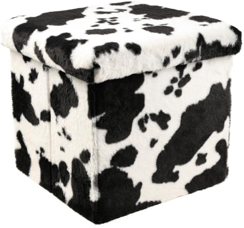 Luxe Faux Fur Storage Ottoman, Cowhide Black/White, 12 x 12 x 12 in | Engineered Wood, Tool-Free Assembly, Modern Style, Seat And Footrest - color: Cowhide Black/White, size: 12"D x 12"W x 12"H
