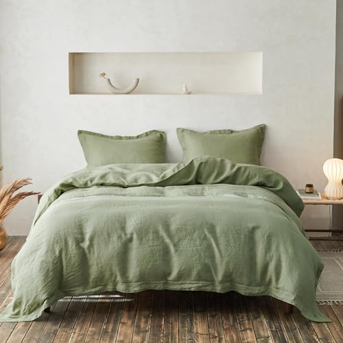 Simple&Opulence 100% Linen Duvet Cover Set with Crossed Embroidery Washed - 3 Pieces (1 Duvet Cover with 2 Pillow Shams) Soft Breathable Farmhouse - Sage Green, Queen Size - color: Crossed-sage Green, size: Queen
