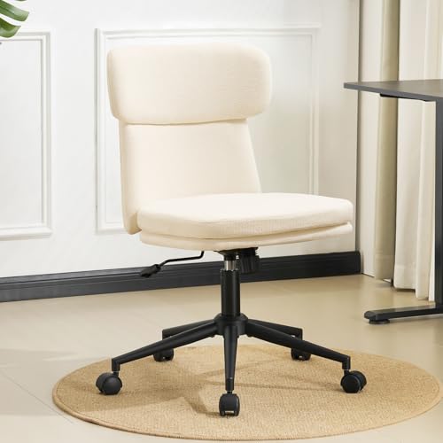 Armless Office Chair with Wheels, Luxury Chenille Swivel Desk Chair with Ergonomic Curved Full Back, Double-Layer Seat, Adjustable Modern Vanity Chair for Makeup, Home Office, Cream White - color: Cream White, size: Full Back