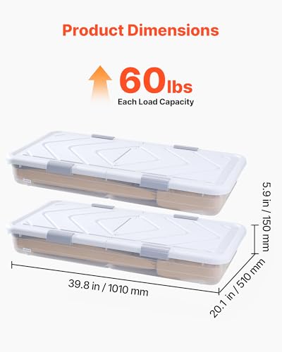 VEVOR Under Bed Storage with Wheels, 39.8 x 20.1 x 5.9 inch Underbed Containers, Underbed Shoes Organizer with Lid & Gray Latch, Rolling Under the Bed Storage Bins for Clothes Shoes Blankets, 2 Pack