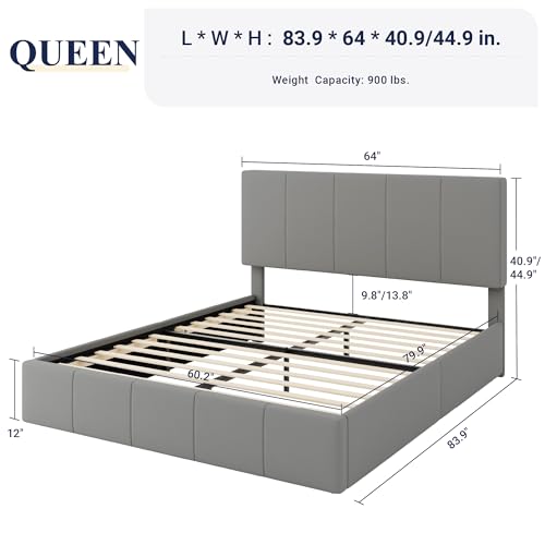 Allewie Queen Size Dutch Velvet Upholstered Platform Bed Frame/Vertical Channel Tufted Adjustable Headboard/Low Profile Bed Frame/No Box Spring Needed/Easy Assembly/Grey - color: Grey, size: Queen