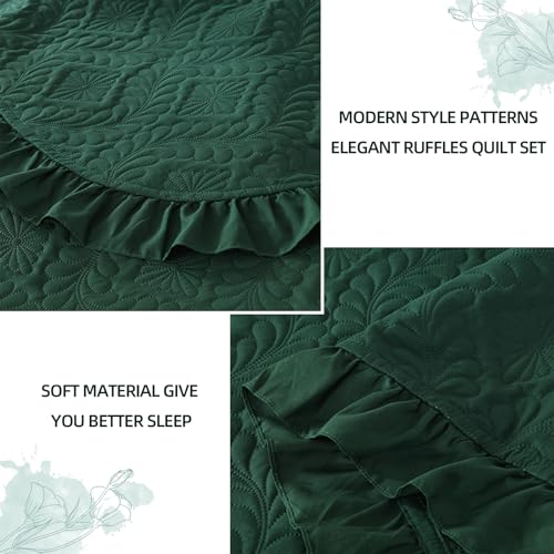 DJY Queen Quilt Set Emerald Green, 3 Pieces Ruffled Bedspreads Quilt | Lightweight Soft Bedding Coverlet for All Seasons, 96''x90'' (Includes 1 Quilt, 2 Pillow Shams) - color: Emerald, size: Queen