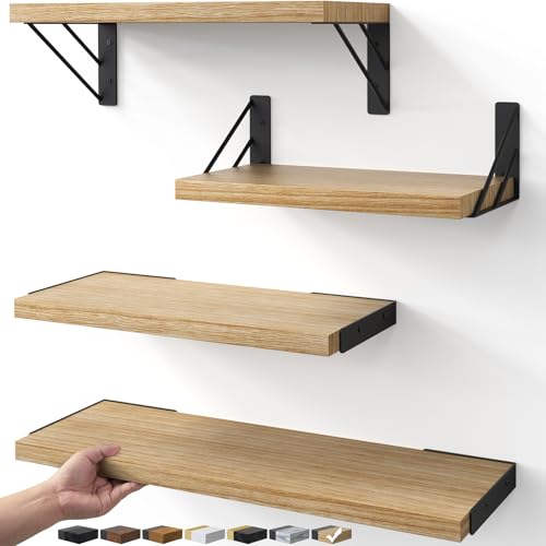 BAYKA Wall Shelves for Bedroom Decor, Floating Shelves for Living Room Kitchen Storage, Wall Mounted Rustic Shelves for Kids Books, Corner Shelf for Bathroom(Carbonized Brown,Set of 4) - color: F. Carbonized Brown Board & Black Brackets, size: 16-inch