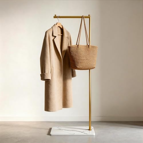 Gold Clothing Rack with Marble Base,Freestanding Garment Rack for Hanging Clothes,Modern Coat Rack, Minimalist Clothes Rack for Small Spaces,Bedroom,Entryway,Boutique Display (Gold)