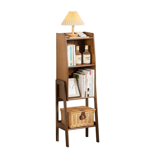 latifolia Bookshelf, 3-Tier Bamboo Bookcase with Bottom Storage Shelving, Narrow Corner Storage Organizer for Modern Living Spaces-Walnut - color: Walnut, size: 3 Tier