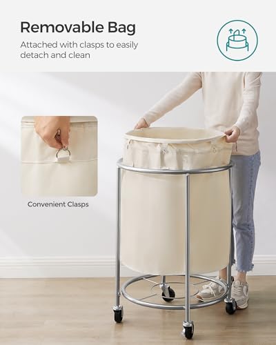 SONGMICS Laundry Basket, Rolling Steel Frame with 2 Locking Wheels, 190 L | Heavy-Duty Laundry Hamper Cart with Removable Bag, White and Metallic Silver, URLS01MZ - color: Cream White + Metallic Silver, size: 190 L (1-Section)