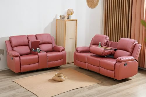 A Ainehome Living Room Furniture Set Leather Recliner Sofa Set Loveseat Chair Furniture Sofa Set for Living Room/Small Space/Rv/House/Office/Theater Seating (A-Red Leather, Sofa+Loveseat) - color: A-red Leather, size: Sofa+Loveseat