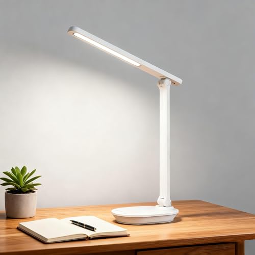 LED Desk Lamp, Touch Desk Lamp with USB Charging Port, 10 Minutes Timer, 3 Color Modes Stepless Brightness, Foldable Portable Dorm Desk Lamps for Home Office Reading Study Bedroom (White)