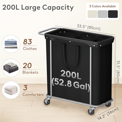 Lifewit 200L Rolling Laundry Basket with Steel Frame, Removable Bag, Black | 3 Section Laundry Hamper with Rubber Wheels, Waterproof Large Laundry Cart, Sturdy Steel Base for Luandry Room, Bedroom - color: Black, size: 200L