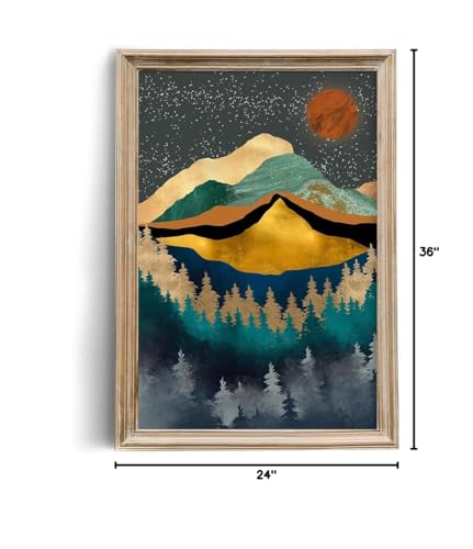 Boho Wall Art for Bedroom - Large Oversize Unframed Rolled Canvas 24x36 Living Room - Modern Boho Moody Room Decor - Texured Metallic Mountain Moon Sun - Emerald Green Marble Golden Nature Tree Forest - size: 24"L x 36"W