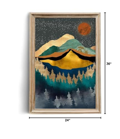 Boho Wall Art for Bedroom - Large Oversize Unframed Rolled Canvas 24x36 Living Room - Modern Boho Moody Room Decor - Texured Metallic Mountain Moon Sun - Emerald Green Marble Golden Nature Tree Forest - size: 24"L x 36"W