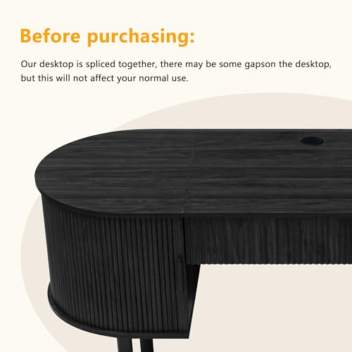 Home Office Oval Desk with Sliding Tambour Door and Drawer, Modern Fluted Wood Executive Computer Storage Desk for Study, Living Room, Bedroom, Office - Black - color: Black
