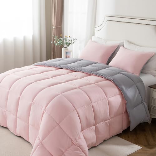 KASENTEX Queen Comforter Set – Reversible Dual Color – Goose Down Alternative – Ultra-Soft, Lightweight, Machine Washable, Maintain Fluffiness, All Season Warmth (Pink Potpourri/Quartz Silver) | 250 GSM Fill, Ultra-Soft, Lightweight, Machine Washable, 1 C