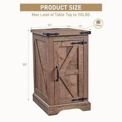 Farmhouse 17" Nightstand with Charging Station, Light Brown | Rectangular/ Rustic End Table with Barn Door /Adjustable Shelf/ Wood Sofa Side Table/ for Living Room, Bedroom - color: Light Brown Color
