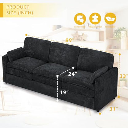 3 Pieces Chenille Sofa Set w/Two Arm Pillows, Black | Upholstered Loveseat & 2 Pieces 3-Seater Sofa w/Soft Cushions, Modern 2-Seat & 3-Seat w/High-Density Foam for Living Room - color: Black, size: 69" & 89" & 89" Sofa Set