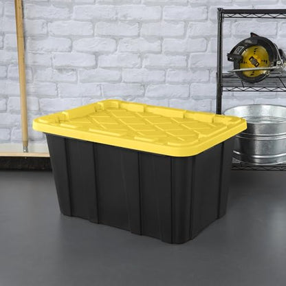 27 Gallon Plastic Storage Container with Snap-On Lid, Heavy-Duty Industrial Tote, Black and Yellow, 28.5x19.6x15.5 Inches, 6 Pack (6, Black/Yellow)