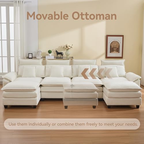 134'' Cloud Modern 4 Seater Couch with Detachable Headrest, Modular Sectional Sofa with 2 Ottoman, Oversized U Shape Chenille Comfy Sofa with Armrests for Living Room, Beige - color: Beige, size: U Shaped Couch