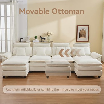 134'' Cloud Modern 4 Seater Couch with Detachable Headrest, Modular Sectional Sofa with 2 Ottoman, Oversized U Shape Chenille Comfy Sofa with Armrests for Living Room, Beige - color: Beige, size: U Shaped Couch