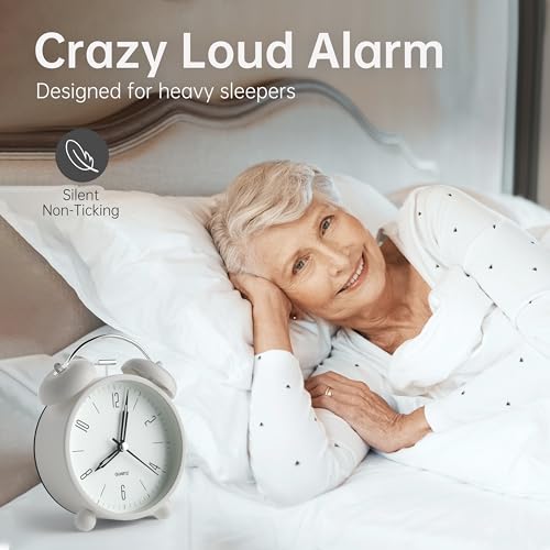 Twin Bell Loud Alarm Analog Alarm Clock, 4 inch Super Silent Non Ticking Small Clock with Night Light, Battery Operated, Simple Design, Old Fashioned, for Heavy Sleeper, Bedroom, Bedside, Desk, White - color: White+twin Bell