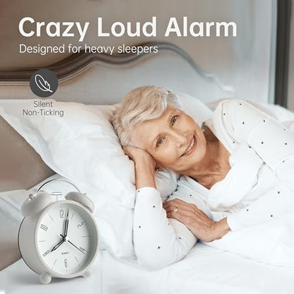 Twin Bell Loud Alarm Analog Alarm Clock, 4 inch Super Silent Non Ticking Small Clock with Night Light, Battery Operated, Simple Design, Old Fashioned, for Heavy Sleeper, Bedroom, Bedside, Desk, White - color: White+twin Bell