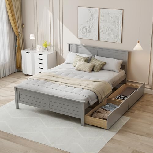 GIANTEX Wood Full Size Bed Frame with 2 Storage Drawers, Solid Wood Platform Bed with Headboard, Wooden Slats Mattress Foundation, No Spring Needed, Full Bed Frame for Kids, Teens, Adults, Grey - color: Grey, size: Full