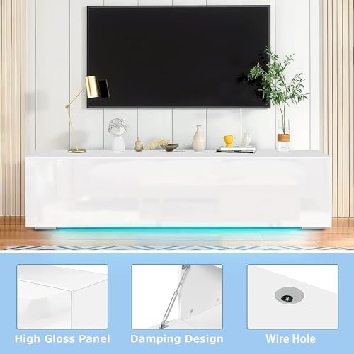 Floating TV Stand with LED for 60 65 70in TV, Glossy Wall Mounted Modern Entertainment Center with Storage, White - size: 63"W x 12"D x 13.5"H