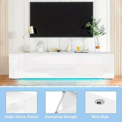 Floating TV Stand with LED for 60 65 70in TV, Glossy Wall Mounted Modern Entertainment Center with Storage, White - size: 63"W x 12"D x 13.5"H
