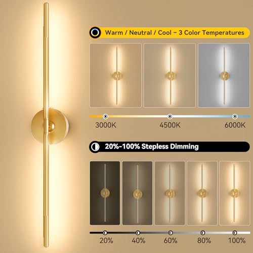 Battery Operated Wall Sconces Set of 2, 8000mAh Wireless Rechargeable 3000-6000K Dimmable 350° Rotate Wall Light with Remote for Living Room, Bedroom 31.6in Gold - color: Gold, size: 31.6in-Round Base