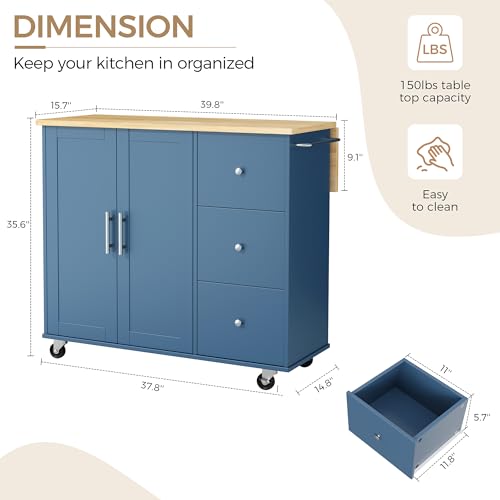 JY QAQA 40" Kitchen Island Cart Furniture cart on Wheels Rolling Portable Dining Room Serving Utility Carts Mobile Movable with Drawers Cabinet,Blue