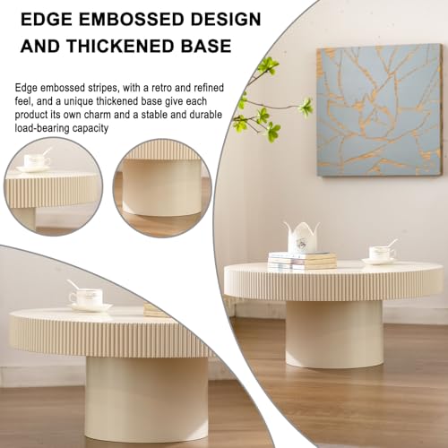 Round Fluted Drum Coffee Table with Pedestal Base | 30.7'' Modern White Wooden Drum Center Table, Handcrafted Wood Fluted Edge, For Living Room & Apartment - color: White Thin