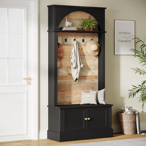 Tribesigns 70.86" Hall Tree with Storage Bench, 4-in-1 Design Entryway Bench with Coat Rack, Farmhouse Hall Tree with 5 Hooks and Adjustable Shoe Storage for Entryway, Hallway(Black＋Brown) - color: Black＋brown