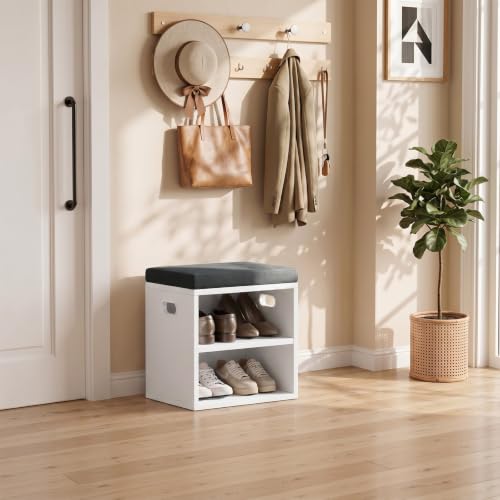 2 Tier Small Shoe Storage Bench White US-FHXD01W | hold up to 4 pairs of shoes, with Adjustable Middle Shelf, Padded Seat Cushion,cut-out handle - color: White