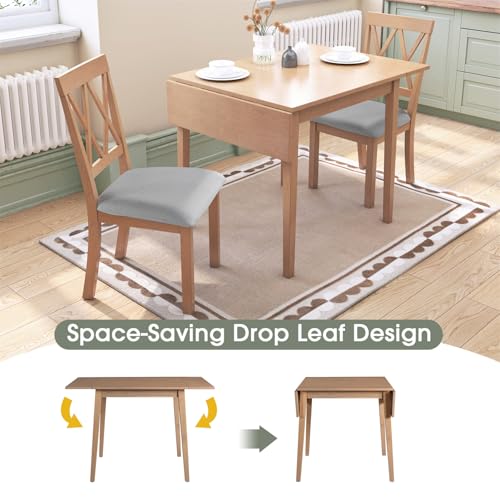 3Pcs Dining Set with Drop Leaf Dining Table and 2 X-Back Chairs, Solid Wood Kitchen Table Set for Small Place, Natural+Grey - color: Natural+grey
