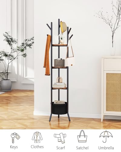 YMYNY Coat Rack, Freestanding Coat Stand with Storage Shelves, Hall Trees with 3 Wooden Shelves and 1 Fabric Basket, Metal Clothes Stand for Hats Bags Hallway Bedroom Rustic Brown UHGR005H - color: Rustic Brown