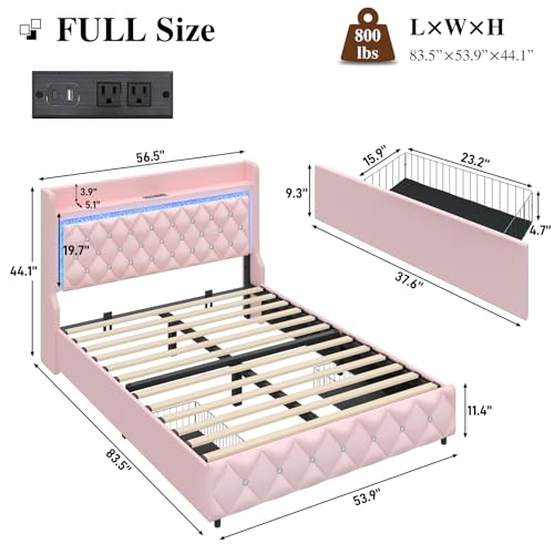Full Bed Frame with LED Lights & Charging Station, Upholstered Bed Frame Full Size with Storage Headboard & 2 Drawers, Diamond Tufted, Curved Wingback, PU Leather, No Box Spring Needed, Pink - color: Pink, size: Full